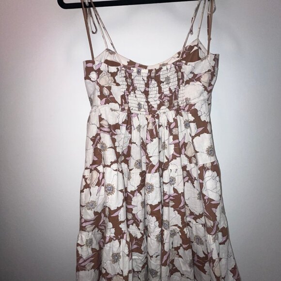 Abercrombie & Fitch - Tie-Strap Linen-Blend Mini Dress in Light Brown floral - Picture 4 of 5